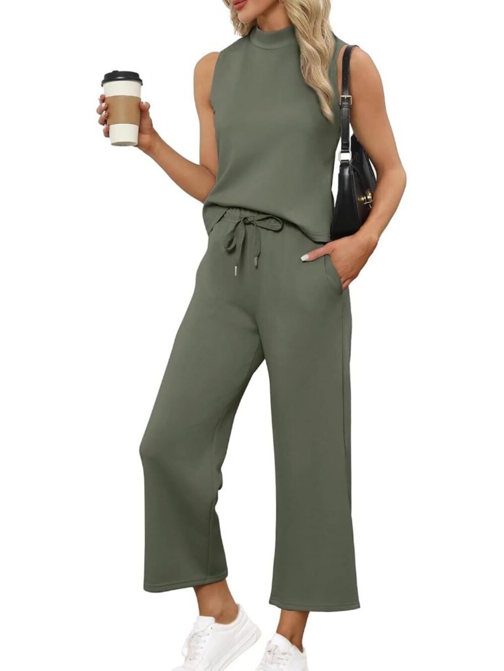 Women's Green Two Piece Set Summer Outfits Lounge Sets Mock Neck Tops Wide Leg